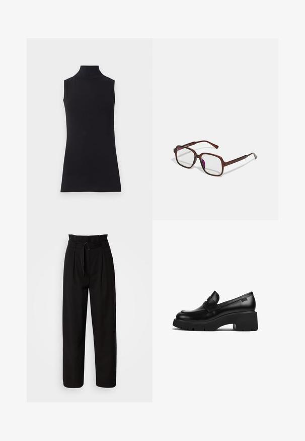 Čierny bezramienkový rolák z hladkej látky. Priliehavý strih s vysokým golierom a rovnými zakončeniami, minimalistický a v jednoliatej farbe.; Čierne vysoké nohavice s širokým strihom, so záhybmi vpredu a látkovým opaskom s kruhovou sponou. Hladká textúra a dobre prispôsobený dizajn.; Čierne kožené mokasíny s hrubým podpätkom a hrubou podrážkou, so strapcom na vrchu, zobrazené z boku na bielom pozadí.; Hnedé, obdĺžnikové dioptrické okuliare s priehľadnými šošovkami a fialovými odtieňmi. Hladký plastový rám so zásadnými nožičkami a jemnými akcentmi.; Zlaté kruhové náušnice s textúrovaným, nepravidelným tvarom. Majú bezšvové uzatváranie a lesklý povrch, čo podčiarkuje moderný dizajn.