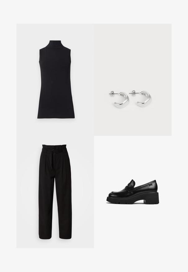 Sort ærmeløs turtleneck top, lavet af glat stof. Figurtilpasset design med høj hals og lige kant, minimalistisk og ensfarvet.; Sorte højtaljede bukser med brede ben, der har frontfold og et stofbælte med en oval spænde. Glat tekstur og skræddersyet design.; Sorte læder loafers med chunky hæl, tyk sål og en remdetalje henover, vist fra siden på en hvid baggrund.; Sølvøreringe med en glat, poleret overflade. Rund form med et let buet design og sammenblandede kanter. Med stiftlåsesystem.
