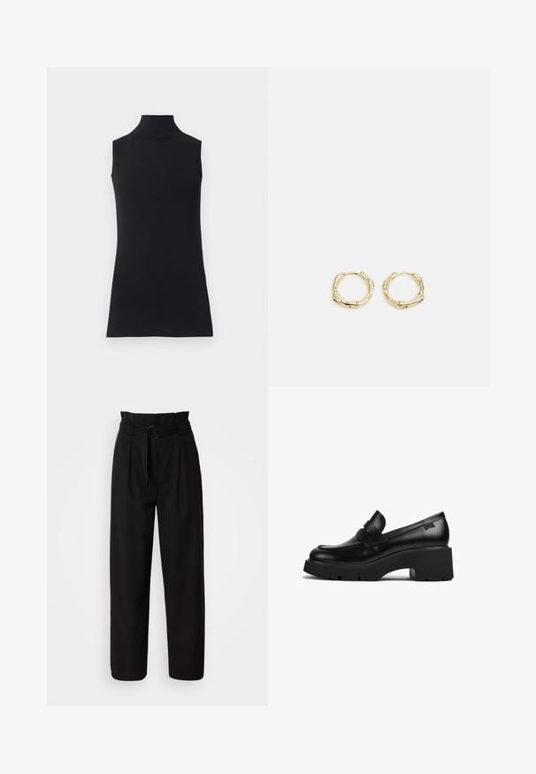 Juodas be rankovių golfo tipo megztinis, pagamintas iš lygaus audinio. Prigludęs dizainas su aukšta apykakle ir tiesia apačia, minimalistinis ir vienos spalvos.; Juodi kelnes aukštu liemeniu su plačiomis kojomis, turinčios priekinės raukšles ir audinio diržą su apvaliu sagtimi. Lygus tekstūra ir pritaikytas dizainas.; Juodas odinis loaferis su storais kulnais, storu padu ir dirželiu per viršų, rodoma iš šono ant baltos fono.; Aukso žiedo auskarai su tekstūruotu, netaisyklingu paviršiumi. Yra be siūlių užsegimas ir poliruotas paviršius, akcentuojantis modernų dizainą.