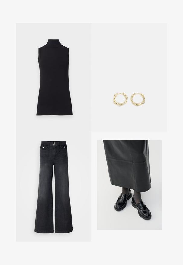Črna brezrokavna turtleneck majica, izdelana iz gladkega materiala. Prilagojen dizajn z visokim ovratnikom in ravnim robom, minimalistična in enobarvna.; Črne široke kavbojke iz denima z visokim pasom, sprednjim gumbom in dvema sprednjima žepoma; gladka tekstura z rahlim bledečim učinkom.; Črne usnjene loafer čevlje s gladko površino, ki imajo dekorativno srajco, okroglo konico in teksturiran podplat. Nosi se z dolgim črnim usnjennim krilom.; Zlate obročaste uhane z teksturirano, nepravilno obliko. Imajo brezšivno zapiranje in poliširano površinsko obdelavo, kar poudarja sodoben dizajn.