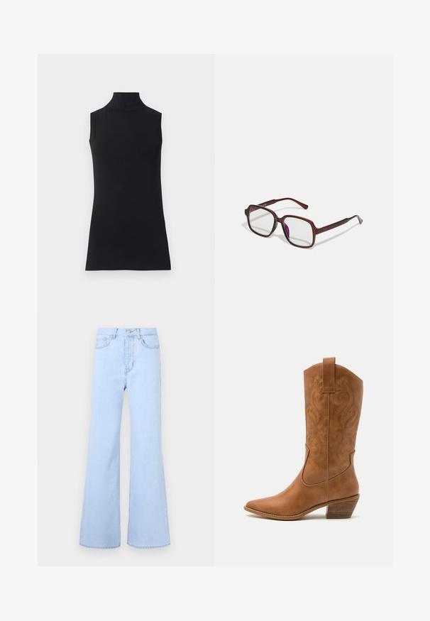 Top senza maniche nero con colletto alto, realizzato in un tessuto morbido. Design aderente con collo alto e orlo dritto, minimalista e di colore uniforme.; Jeans flare di colore azzurro chiaro con vita alta, dotati di cinque tasche, chiusura con bottone e una texture di denim liscia. Il bordo è cucito in modo pulito.; Stivale cowboy in pelle marrone chiaro con punta affusolata, modelli ricamati a spirale sull'asta e tacco a blocco impilato. Presenta una linguetta per una facile calzata.; Occhiali rettangolari marroni con lenti trasparenti e tonalità viola. Montatura in plastica liscia con stanghette dritte e accenti sottili.; Borsa a mano in pelle nera con un ampio apertura superiore e una singola tracolla. Texture morbida, design minimalista, con sottili accenti in metallo.; Orecchini a cerchio in oro con una forma irregolare e texture. Presentano una chiusura senza giunture e una finitura superficiale lucida, che enfatizza un design moderno.