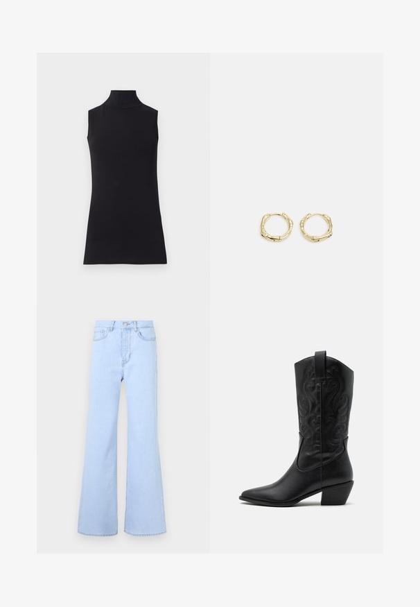 Must have muströppeta top, mis on valmistatud siledast kangast. Lihtne disain, kõrge kaelusega ja sirge äärega, minimalistik ja ühte värvi.; Heledad sinine paanega teksad kõrge vöökohaga, viie taskuga, nööbikäiga ja ühtlase denimi tekstuuriga. Äär on korralikult õmmeldud.; Must have mustakotkad nahast saapad terava ninaga, ehted keerlevate mustritega ja keskmise kõrgusega kontsaga. Omab tõmberiba lihtsaks selga panemiseks.; Kuldsete rõngaskõrvarõngaste tekstuuriga, ebakorrapärane kuju. Omab sujuvat lukustust ja poleeritud pinnatöötlust, rõhutades kaasaegset disaini.