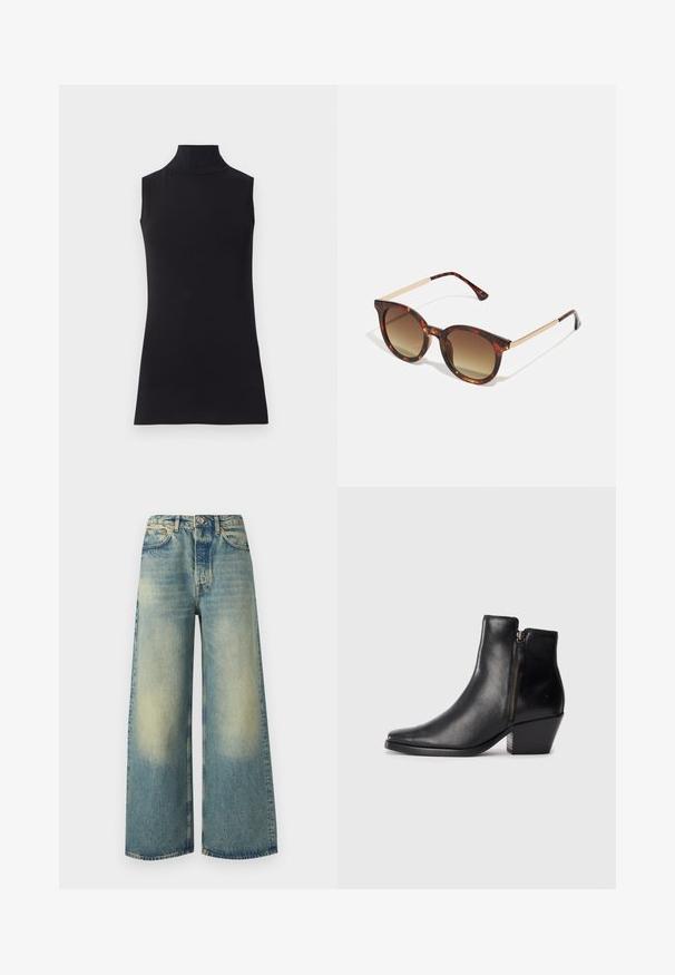 Black sleeveless turtleneck top, made from smooth fabric. Fitted design with a high neck and a straight hem, minimalistic and solid color.; Light blue wide-leg jeans with a faded finish, featuring a button fly, five-pocket design, and contrasting stitching details.; Black leather ankle boot with a pointed toe, side zipper, and a chunky heel. Smooth texture and minimalistic design.; Tortoiseshell sunglasses with gradient brown lenses, rounded shape, and gold-tone metal accents on the temples.