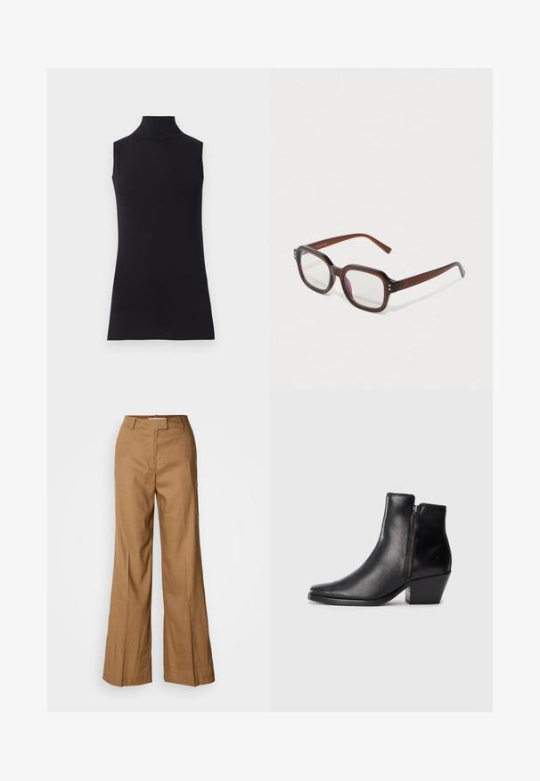 Must have muströppeta top, mis on valmistatud siledast kangast. Lihtne disain, kõrge kaelusega ja sirge äärega, minimalistik ja ühte värvi.; Pruunid laiad püksid, mis on valmistatud kerge kangast. Omavad tasast esiosa, vöökohtade keerutusi ning kohandatud siluetti, millel on pahkluu pikkus.; Must musta ankle saapad terava ninaga, külgzipperiga ja paksu kontsaga. Sile tekstuur ja minimalistik disain.; Pruunist läbipaistvast teisaldatavast raamiga silma klaasid, millel on selged läätsed, kerge lilla peegeldus ja väikesed kuldsed dekoratiivpunktid esinurgas.