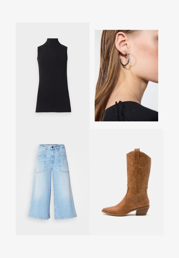 Mustat hihattomat poolopaidat, jotka on valmistettu sileästä kankaasta. Muotoiltu malli, jossa on korkea kaulus ja suora helma, minimalistinen ja yksivärinen.; Vaaleansiniset farkkuculotteet, joissa on leveät lahkeet, etu- ja takataskut sekä nappikiinnitys vyötäröllä. Sileä pinta.; Ruskean nahkainen cowboy-saapas, jossa on terävä kärki, brodeeratut pyörteiset kuviot varressa ja kerroslohko korko. Varustettu nostonipulla helpottamaan pukemista.; Hopea renkaankorvakoru kiiltävällä pinnalla, jossa on pieniä kultaisia yksityiskohtia ja pyöreä muoto, käytetty korvalla.