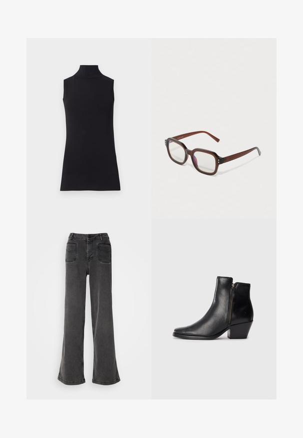 Svart ärmlös polotröja, tillverkad av en mjuk textil. Fitted design med hög krage och rak fåll, minimalistisk och i en enhetlig färg.; Höga, vida svarta jeans i denim, med knappgylf, bälteshällor och två bakfickor med sydda detaljer.; Svart läderankelboot med spetsig tå, sidodragkedja och tjock klack. Slät textur och minimalistisk design.; Bruna genomskinliga rektangulära glasögon med klara linser, lätt lila reflektion och små gyllene dekorativa prickar i de främre hörnen.; Silver hoop örhängen med en slät, polerad yta. Rund form med en lätt böjd design och sammanflätade kanter. Spänne med pin-back.
