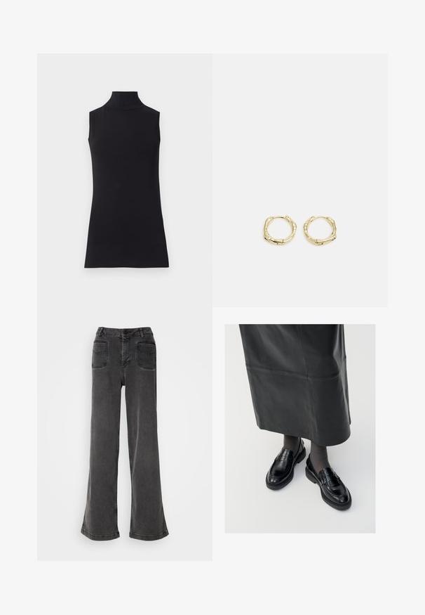 Top preto sem mangas, feito de um tecido liso. Design ajustado com um decote alto e uma bainha reta, minimalista e de cor sólida.; Calças de ganga pretas de cintura alta e pernas largas, com fecho de botão, passadores para cinto e dois bolsos traseiros com detalhes cosidos.; Mocassins de pele preta com um acabamento liso, apresentando uma fita decorativa, bico redondo e sola texturizada. Usados com uma saia longa de pele preta.; Brincos de argola dourados com um formato irregular e texturizado. Apresentam um fecho sem emenda e um acabamento polido, destacando um design moderno.