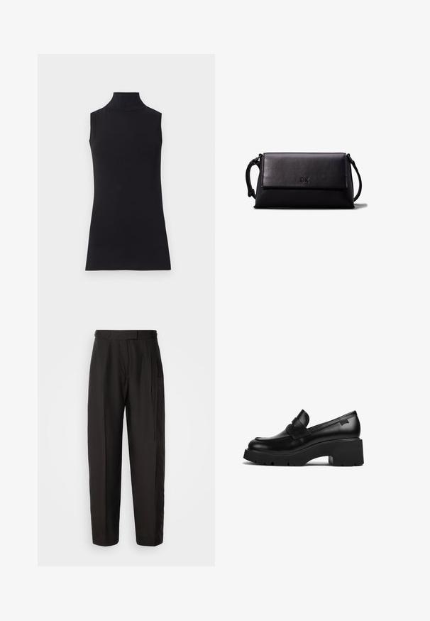 Juodas be rankovių golfo tipo megztinis, pagamintas iš lygaus audinio. Prigludęs dizainas su aukšta apykakle ir tiesia apačia, minimalistinis ir vienos spalvos.; Juodi pritaikyti kelniai, pagaminti iš lygaus audinio, su tiesia kojų siluetu, priekinėmis raukinėmis ir mygtuko užsegimu juosmens srityje.; Juodas odinis loaferis su storais kulnais, storu padu ir dirželiu per viršų, rodoma iš šono ant baltos fono.; Juodas odinis kosmetinis krepšys, stačiakampio formos, lygia tekstūra, plokščiu uždarymu ir mažu rankenėle šone. Pabrėžia subtilų logotipą.; Aukso žiedo auskarai su tekstūruotu, netaisyklingu paviršiumi. Yra be siūlių užsegimas ir poliruotas paviršius, akcentuojantis modernų dizainą.