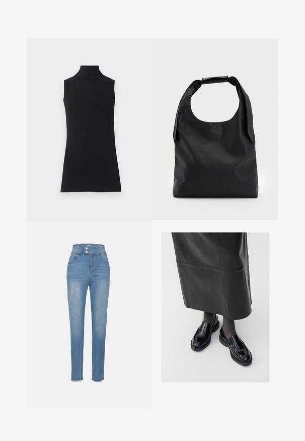 Černá bezrukávová roláková halenka vyrobená z hladkého materiálu. Střih na tělo s vysokým límcem a rovnými lemy, minimalistický a jednobarevný.; Modré džíny s vysokým pasem, knoflíkovým zapínáním, předními kapsami a mírně roztrženým lemem. Hladká textura a tapered střih nohavic.; Černé kožené polobotky s hladkým povrchem, zdobené páskem, s kulatou špičkou a texturovanou podrážkou. Nosené s dlouhou černou koženou sukní.; Černá kožená kabelka s velkým otevřeným vrchem a jedním ramenním popruhem. Měkká textura, minimalistický design, s jemnými kovovými detaily.; Stříbrné kruhové náušnice s hladkým, lesklým povrchem. Kulatý tvar a bezpečné zapínání na klip. Lehký design vhodný pro každodenní nošení.