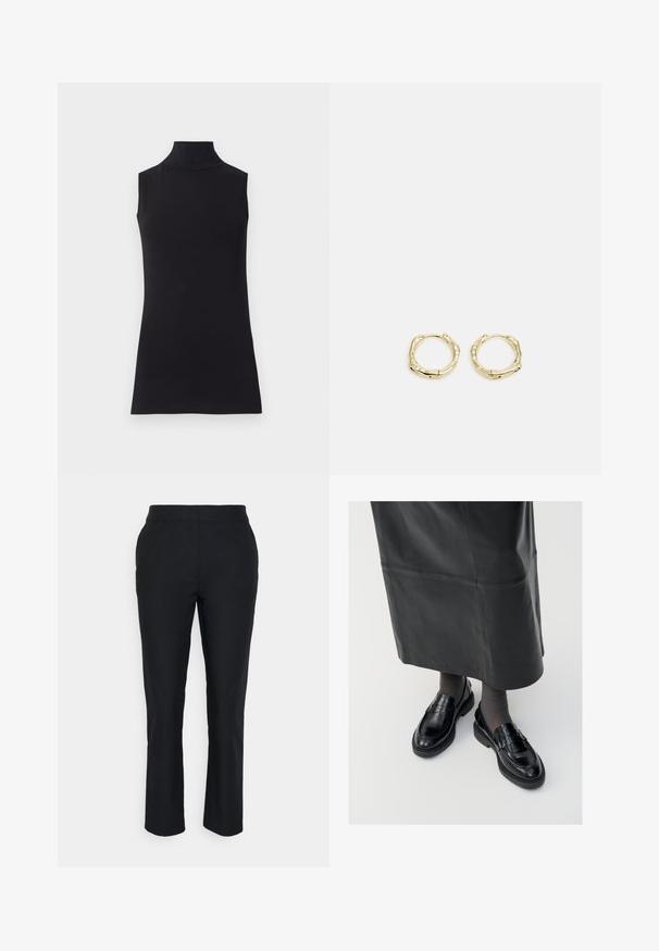 Črna brezrokavna turtleneck majica, izdelana iz gladkega materiala. Prilagojen dizajn z visokim ovratnikom in ravnim robom, minimalistična in enobarvna.; Črne krojene hlače s ravnim nogavicom, izdelane iz gladkega materiala. Imajo pas brez vidnih zaponk ali žepov.; Črne usnjene loafer čevlje s gladko površino, ki imajo dekorativno srajco, okroglo konico in teksturiran podplat. Nosi se z dolgim črnim usnjennim krilom.; Zlate obročaste uhane z teksturirano, nepravilno obliko. Imajo brezšivno zapiranje in poliširano površinsko obdelavo, kar poudarja sodoben dizajn.
