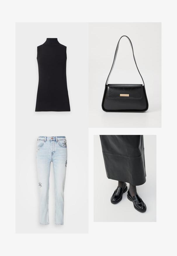 Black sleeveless turtleneck top, made from smooth fabric. Fitted design with a high neck and a straight hem, minimalistic and solid color.; Light blue denim jeans with a straight fit, featuring decorative floral embroidery in darker blue and yellow on the legs. Classic five-pocket design.; Black leather loafers with a smooth finish, featuring a decorative strap, round toe, and textured sole. Worn with a long black leather skirt.; Black leather handbag with a structured triangular shape, slim strap, and gold-tone hardware featuring a logo plaque on the front flap.