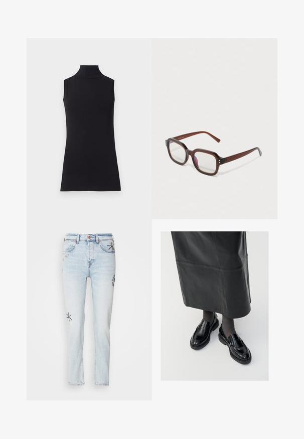 Must have muströppeta top, mis on valmistatud siledast kangast. Lihtne disain, kõrge kaelusega ja sirge äärega, minimalistik ja ühte värvi.; Heledad keskmise sinise teksapüksid sirge lõikega, mis on kaunistatud tumeda sinise ja kollase lilleembroidery'ga jalgadel. Klassikaline viie-tasku disain.; Mustad nahast loafertossud sileda pinnaga, dekoratiivse rihma, ümarate varvaste ja tekstuuriga tallaga. Kanda pikkade mustade nahkseelikutega.; Pruunist läbipaistvast teisaldatavast raamiga silma klaasid, millel on selged läätsed, kerge lilla peegeldus ja väikesed kuldsed dekoratiivpunktid esinurgas.