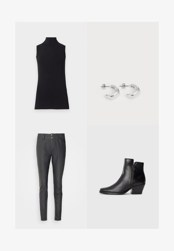 Μαύρο αμάνικο τοπ τύπου τζάκετ με ψηλό λαιμό, φτιαγμένο από απαλό ύφασμα. Εφαρμοστό σχέδιο με ψηλό λαιμό και ίσια ραφή, μινιμαλιστικό και μονόχρωμο.; Μαύρο παντελόνι σε στενή γραμμή, φτιαγμένο από λείο υλικό. Διαθέτει δύο κουμπιά στο κλείσιμο της μέσης και επίπεδο σχέδιο μπροστά.; Μαύρη δερμάτινη μπότες μέχρι τον αστράγαλο με μυτερή μύτη, πλαϊνό φερμουάρ και χοντρό τακούνι. Λείο υλικό και μινιμαλιστικός σχεδιασμός.; Ασημένια σκουλαρίκια κρίκοι με λείο, γυαλισμένο φινίρισμα. Στρογγυλό σχήμα με ελαφρώς καμπυλωτό σχέδιο και απαλές άκρες. Κλείσιμο με καρφί.