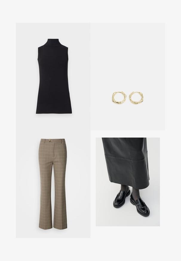 Black sleeveless turtleneck top, made from smooth fabric. Fitted design with a high neck and a straight hem, minimalistic and solid color.; Brown plaid trousers with a high waist, flared legs, front button closure, and subtle texture. Features a grid pattern in lighter tones.; Black leather loafers with a smooth finish, featuring a decorative strap, round toe, and textured sole. Worn with a long black leather skirt.; Gold hoop earrings with a textured, irregular shape. Features a seamless closure and a polished surface finish, emphasizing a modern design.