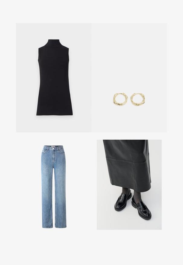 Juodas be rankovių golfo tipo megztinis, pagamintas iš lygaus audinio. Prigludęs dizainas su aukšta apykakle ir tiesia apačia, minimalistinis ir vienos spalvos.; Šviesiai mėlynos aukštai iškeltos džinsinės kelnės, pagamintos iš džinsinio audinio, turinčios tiesaus kirpimo dizainą, penkis kišenes ir metalinį mygtuką.; Juodos odinės loafer bateliai su glotniu paviršiumi, dekoratyvine juostele, apvalia nosimi ir tekstūruotu padu. Dėvimi su ilga juoda odine sijonu.; Aukso žiedo auskarai su tekstūruotu, netaisyklingu paviršiumi. Yra be siūlių užsegimas ir poliruotas paviršius, akcentuojantis modernų dizainą.