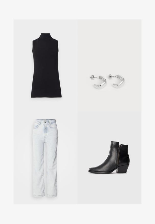Černá bezrukávová roláková halenka vyrobená z hladkého materiálu. Střih na tělo s vysokým límcem a rovnými lemy, minimalistický a jednobarevný.; Světlé modré džíny s vysokým pasem a rovnými nohavicemi, vyrobené z denimu. Mají knoflíkový zip, design s pěti kapsami a jemně bledou texturu.; Černá kožená kotníková bota s špičatou špičkou, bočním zipem a robustním podpatkem. Hladká textura a minimalistic design.; Stříbrné kruhové náušnice s hladkým, leštěným povrchem. Kulatý tvar s mírně zakřiveným designem a spojenými okraji. Uzávěr na kolík.