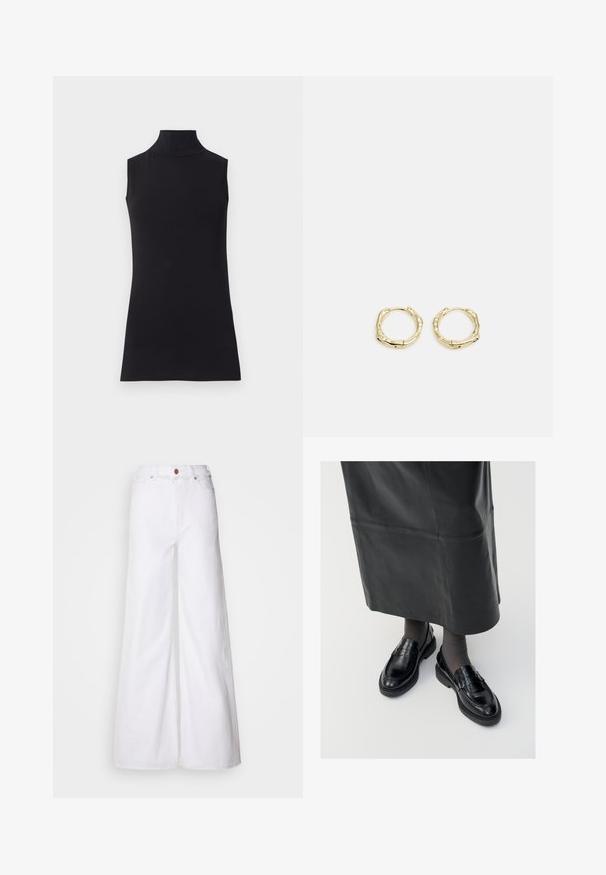 Juodas be rankovių golfo tipo megztinis, pagamintas iš lygaus audinio. Prigludęs dizainas su aukšta apykakle ir tiesia apačia, minimalistinis ir vienos spalvos.; Palaidų kojų balti džinsai, pagaminti iš džinsinio audinio, su aukštu liemeniu, penkiomis kišenėmis ir metaliniais užsegimais. Lygus paviršius.; Juodos odinės loafer bateliai su glotniu paviršiumi, dekoratyvine juostele, apvalia nosimi ir tekstūruotu padu. Dėvimi su ilga juoda odine sijonu.; Aukso žiedo auskarai su tekstūruotu, netaisyklingu paviršiumi. Yra be siūlių užsegimas ir poliruotas paviršius, akcentuojantis modernų dizainą.