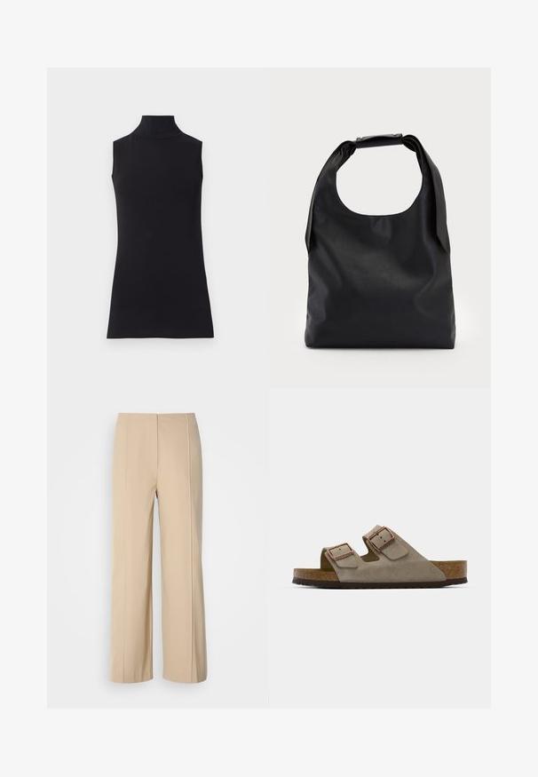 Black sleeveless turtleneck top, made from smooth fabric. Fitted design with a high neck and a straight hem, minimalistic and solid color.; Beige wide-leg trousers made of structured fabric, featuring a minimalist design with pressed creases and a flat waistband.; Suede slide sandal in light grey with two adjustable buckles, a cork midsole, and a textured rubber outsole.; Black leather handbag with a large open top and a single shoulder strap. Soft texture, minimal design, features subtle hardware accents.; Gold hoop earrings with a textured, irregular shape. Features a seamless closure and a polished surface finish, emphasizing a modern design.
