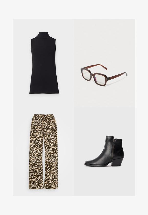 Crna bezrukavna majica s visokim ovratnikom, izrađena od glatkog materijala. Prilagođeni dizajn s visokim ovratnikom i ravnim rubom, minimalistički i u jednobojnoj boji.; Hlače širokih nogavica sa leopard uzorkom, elastičnim pojasom i vezicom. Imaju bež pozadinu sa smešnim smešnim smeškim i crnim mrljama.; Crna kožna čizma do gležnja s uskim vrhom, bočnim patentnim zatvaračem i debelim potplatom. Glatka tekstura i minimalistički dizajn.; Smeđe prozirne pravokutne naočale s prozirnim lećama, laganim ljubičastim odsjajem i malim zlatnim ukrasnim točkicama na prednjim kutovima.