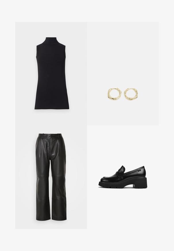 Melna bezpiedurkņu augstais kakls, izgatavots no gludas auduma. Pielāgotā forma ar augstu kaklu un taisnu apakšmalu, minimālistisks un vienkrāsains.; Melni ādas platās kāju bikses ar gludu tekstūru, augsta josta, priekšējie krokas un redzamās šuves. Bez kabatām vai rotājumiem.; Melnas ādas chunky papēža loafers ar biezu zoli un siksniņas detaļu pāri augšai, attēlots no sāna uz baltas fona.; Zelta riņķveida auskari ar tekstūru un neregulāru formu. Iekļauj bezšuvju aizdari un pulētu virsmas apdari, uzsverot mūsdienīgu dizainu.
