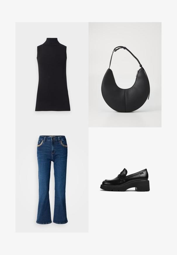 Crna bezrukavna majica s visokim ovratnikom, izrađena od glatkog materijala. Prilagođeni dizajn s visokim ovratnikom i ravnim rubom, minimalistički i u jednobojnoj boji.; Tamno plave traperice s lepršavim krojem, glatkom traper tkaninom, kontrastnim zlatim šavovima i naglascima na prednjim džepovima. Klasičan dizajn s pet džepova.; Crna kožna loaferica s debelim potplatom i chunky petom, s trakom preko gornjeg dijela, prikazana sa strane na bijeloj pozadini.; Crna kožna torba u obliku polumjeseca s glatkom teksturom, s jednim podešivim remenom i zatvaranjem na patentni zatvarač sa strane.; Zlatne okrugle naušnice s teksturiranim, nepravilnim oblikom. Imaju nevidljivo zatvaranje i polirani završni sloj, što naglašava moderan dizajn.