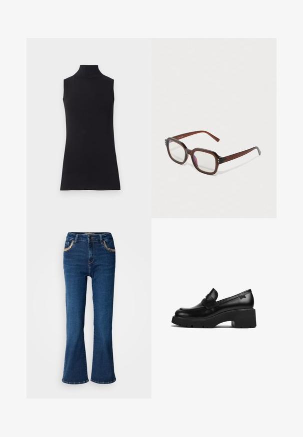 Melna bezpiedurkņu augstais kakls, izgatavots no gludas auduma. Pielāgotā forma ar augstu kaklu un taisnu apakšmalu, minimālistisks un vienkrāsains.; Tumši zili platās džinsu bikses ar gludu denima tekstūru, kontrastējošām zelta šuvēm un priekšējo kabatu akcentiem. Klasisks piecu kabatu dizains.; Melnas ādas chunky papēža loafers ar biezu zoli un siksniņas detaļu pāri augšai, attēlots no sāna uz baltas fona.; Brūni caurspīdīgi taisnstūrveida briļļu rāmis ar caurspīdīgiem lēcām, ar vieglu violetu atspulgu un maziem zeltītu dekoriem priekšējās stūrītēs.