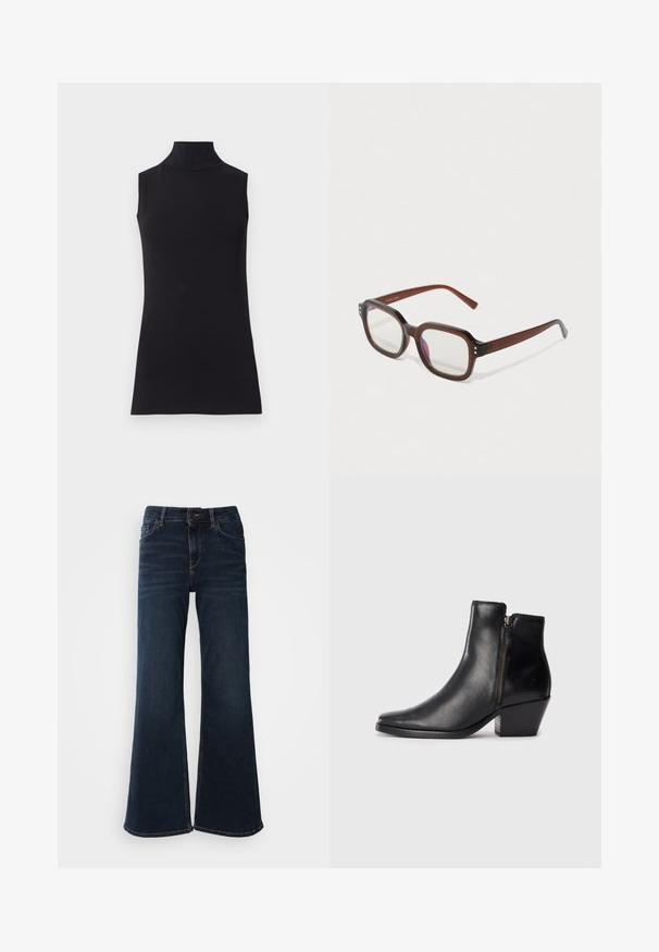 Top preto sem mangas, feito de um tecido liso. Design ajustado com um decote alto e uma bainha reta, minimalista e de cor sólida.; Mos Mosh HERA - Calças de ganga à boca de sino - dark blue; Bota de tornozelo em couro preto com bico fino, fecho lateral e um salto grosso. Textura suave e design minimalista.; Óculos retangulares translúcidos castanhos com lentes claras, leve reflexão púrpura e pequenos pontos decorativos dourados nos cantos frontais.; Brincos de argola de prata com um acabamento liso e polido. Forma redonda com um design ligeiramente curvado e bordas suavizadas. Fecho de pino.