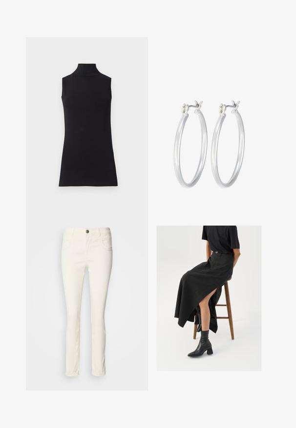 Črna brezrokavna turtleneck majica, izdelana iz gladkega materiala. Prilagojen dizajn z visokim ovratnikom in ravnim robom, minimalistična in enobarvna.; Bela, skinny fit kavbojke iz mešanice bombaža. Imajo pet žepov, zaponko na gumb in gladko, rahlo sijočo teksturo.; Črna lanena maxi krilo z visokim razporkom, oblečeno s črno majico in črnimi gležnjarji. Minimalističen dizajn z udobnim krojem.; Srebrni obroči za ušesa z gladko, polirano površino. Okrogla oblika in varna zaponka s klikom. Lahka zasnova, primerna za vsakodnevno nošenje.