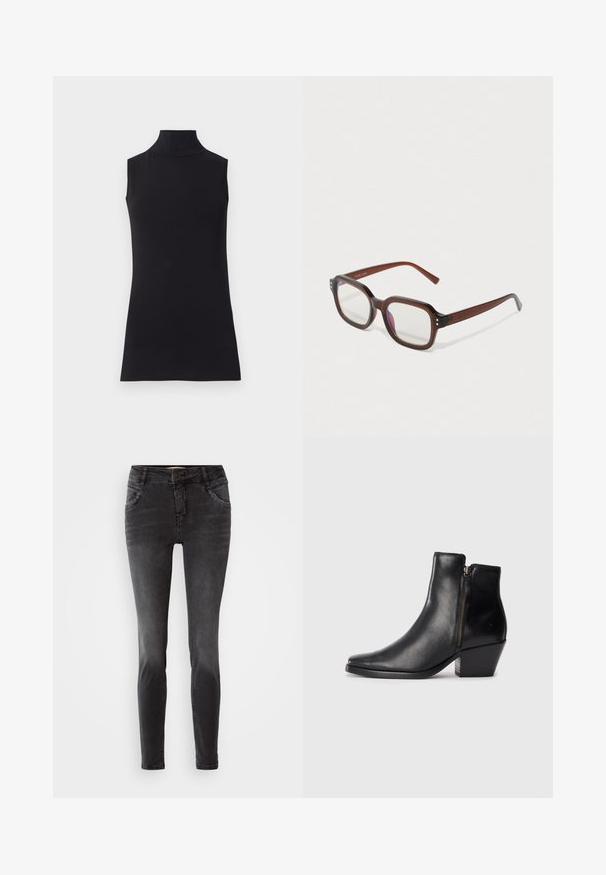 Must have muströppeta top, mis on valmistatud siledast kangast. Lihtne disain, kõrge kaelusega ja sirge äärega, minimalistik ja ühte värvi.; Mustad mustad teksapüksid, mis on varustatud ees oleva nööbiga sulgemisega, taskute studidega ja siledaga tekstuuriga.; Must musta ankle saapad terava ninaga, külgzipperiga ja paksu kontsaga. Sile tekstuur ja minimalistik disain.; Pruunist läbipaistvast teisaldatavast raamiga silma klaasid, millel on selged läätsed, kerge lilla peegeldus ja väikesed kuldsed dekoratiivpunktid esinurgas.; Hõbedased rõngas kõrvarõngad, millel on sile ja poleeritud viimistlus. Ümmargune kuju, millel on veidi kumer disain ja sulandatud servad. Klambri sulgemine.