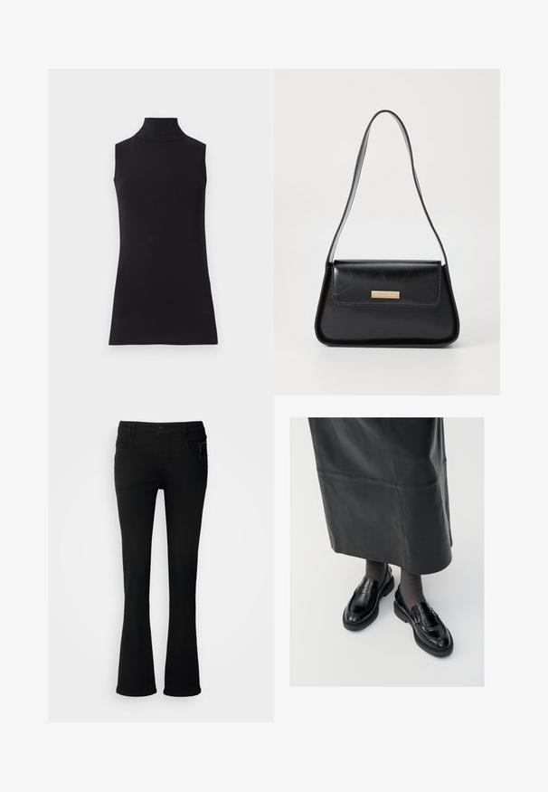 Crna bezrukavna majica s visokim ovratnikom, izrađena od glatkog materijala. Prilagođeni dizajn s visokim ovratnikom i ravnim rubom, minimalistički i u jednobojnoj boji.; Crne uske traperice s raskošnim dnom, izrađene od denima, sa kopčanjem na dugme, dva prednja džepa i zip detaljem na desnom džepu.; Crne kožne mokasine s glatkom završnom obradom, s dekorativnom trakicom, okruglim vrhom i teksturiranom potplatom. Nosi se s dugom crnom kožnom suknjom.; Crna kožna torba s oblikom ugla, s tankom trakicom i zlatnim detaljima, koja ima oznaku s logom na prednjem preklopu.; Zlatne okrugle naušnice s teksturiranim, nepravilnim oblikom. Imaju nevidljivo zatvaranje i polirani završni sloj, što naglašava moderan dizajn.