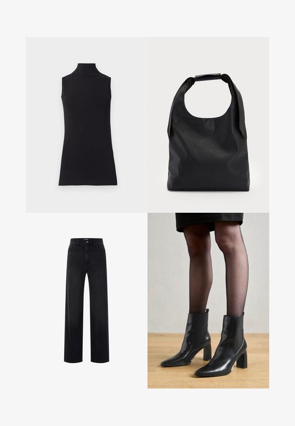 Crna bezrukavna majica s visokim ovratnikom, izrađena od glatkog materijala. Prilagođeni dizajn s visokim ovratnikom i ravnim rubom, minimalistički i u jednobojnoj boji.; Crne traperice visokog struka ravnog kroja s prednjim zakopčavanjem na gumbe i patentni zatvarač, petljama za remen i prednjim džepovima.; Crne kožne gležnjače s šiljastim vrhom, robusnim četvrtastim potplatom i elegantnim dizajnom. Imaju elastične bočne panele za jednostavno oblačenje.; Crna kožna hobo torba s jednim mekanim, zaobljenim ručkom; karakterizira je glatka tekstura i minimalistički dizajn. Nema vidljivih hardverskih detalja ili akcenata.; Srebrne okrugle naušnice s minimalističkim dizajnom. Kružni oblik, glatka tekstura i tanak profil. Lagane s poliranim završetkom.