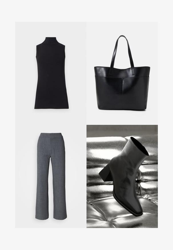 Mustat hihattomat poolopaidat, jotka on valmistettu sileästä kankaasta. Muotoiltu malli, jossa on korkea kaulus ja suora helma, minimalistinen ja yksivärinen.; Lindex TROUSERS LYKKE - Housut - grey; Musta nilkkuri, joka on valmistettu kiiltävästä materiaalista, jossa on neliömäinen kärki ja kapeahko kanta, asetettuna kiiltävän hopean tuftatun taustan eteen.; Musta nahkainen kassi, jossa on kaksi pitkää kahvaa, sileä pinta ja jämäkkä muoto. Sisältää etutaskun lisävarastointia varten.; Hopehope hopeilla, joissa on minimalistinen muotoilu. Pyöreä muoto, sileä pinta ja ohut profiili. Kevyet ja kiillotetut.