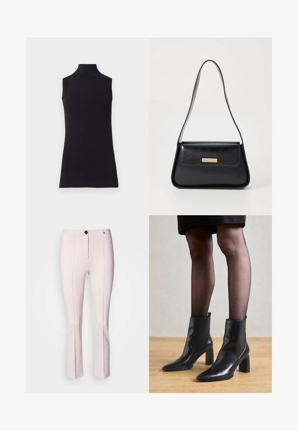 Haut sans manches noir en col roulé, fabriqué à partir d'un tissu lisse. Design ajusté avec un col haut et un ourlet droit, minimaliste et de couleur unie.; Pantalons sur mesure roses avec une légère évasement, dotés d'une fermeture à bouton à l'avant, de deux coutures verticales et d'une texture lisse.; Bottines en cuir noir avec un bout pointu, un talon carré épais et un design élégant. Présente des panneaux latéraux élastiques pour un enfilage facile.; Sac à main en cuir noir avec une forme triangulaire structurée, une fine sangle et des détails en métal doré, comportant une plaque logo sur le rabat avant.; Boucles d'oreilles en argent avec une finition lisse et polie. Forme ronde et fermeture à clip sécurisée. Design léger adapté pour un port quotidien.