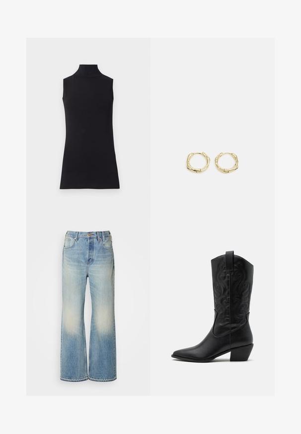 Top senza maniche nero con colletto alto, realizzato in un tessuto morbido. Design aderente con collo alto e orlo dritto, minimalista e di colore uniforme.; Jeans in denim azzurro chiaro a gamba larga con effetto sbiadito, dotati di chiusura a bottone, passanti per cintura e design a cinque tasche.; Stivale da cowboy in pelle nera con punta affusolata, motivi ondulati in rilievo e tacco di altezza media. Dotato di un pratico passante per indossarlo facilmente.; Orecchini a cerchio in oro con una forma irregolare e texture. Presentano una chiusura senza giunture e una finitura superficiale lucida, che enfatizza un design moderno.