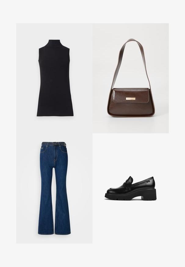 Črna brezrokavna turtleneck majica, izdelana iz gladkega materiala. Prilagojen dizajn z visokim ovratnikom in ravnim robom, minimalistična in enobarvna.; Modre denim flare hlače z visoko pasom, kontrastnim šivanjem in pletenim pasom z zasukano zasnovo. Gladka tekstura in klasičen slog.; Črne usnjene molerke s debelim petom in širokim podplatom ter trakom čez zgornji del, prikazane s strani na beli podlagi.; Rjava usnjena torba za ramo z urejeno obliko, ki ima magnetno zapiranje na pokrovu in kovinski logotip na sprednji strani.; Zlate obročaste uhane z teksturirano, nepravilno obliko. Imajo brezšivno zapiranje in poliširano površinsko obdelavo, kar poudarja sodoben dizajn.