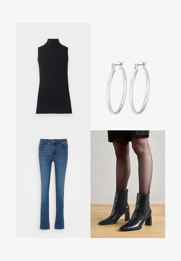 Svart ärmlös polotröja, tillverkad av en mjuk textil. Fitted design med hög krage och rak fåll, minimalistisk och i en enhetlig färg.; Blå denimöverdrivna jeans med fem fickor, bältesöglor och knäppning fram. Har en mjuk textur och lätt urtvättning.; Svarta läderankelstövlar med spetsig tå, kraftig kvadratisk klack och en slank design. Har elastiska sidopaneler för enkel påtagning.; Silverfärgade hoopörhängen med en slät, polerad yta. Rund form och säker klickstängning. Lättviktig design som passar för vardagligt bruk.