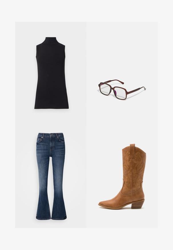 Černá bezrukávová roláková halenka vyrobená z hladkého materiálu. Střih na tělo s vysokým límcem a rovnými lemy, minimalistický a jednobarevný.; Tmavě modré denimové zvonové džíny s vysokým pasem, předními kapsami a jemně vybledlými oblastmi podél stehen. Švy na pase a lemech.; Hnědé kožené kovbojské boty s špičatou špičkou, vyšívanými spirálovými vzory na štítech a s blokovým podpatkem. Obsahují poutko pro snadné obouvání.; Hnědé, obdélníkové brýle s průhlednými skly a fialovými odstíny. Hladký plastový rám s rovnými nohami a jemnými akcenty.; Stříbrné kruhové náušnice s minimalistickým designem. Kruh, hladký povrch a tenký profil. Lehká konstrukce s lesklým povrchem.