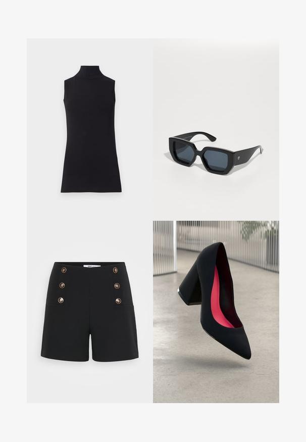 Črna brezrokavna turtleneck majica, izdelana iz gladkega materiala. Prilagojen dizajn z visokim ovratnikom in ravnim robom, minimalistična in enobarvna.; Črne kratke hlače iz teksturiranega materiala, z visokim pasom, zlatimi gumbnimi detajli in dvema sprednjima žepoma.; Črne visoke petke z nazobčanim prstom, teksturirano površino in živahnimi rožnatimi notranjimi deli. Imajo robustno peto z srebrnim akcentom.; Črne velike sončne očala z geometrijskim dizajnom, pravokotnimi lečami in sijočo površino. Brez vidne blagovne znamke spredaj.; Srebrni uhani v obliki obroča z obliko pentlje, z gladko površino in poliranim teksturo. Kompaktna, minimalistična zasnova primerna za različne priložnosti.
