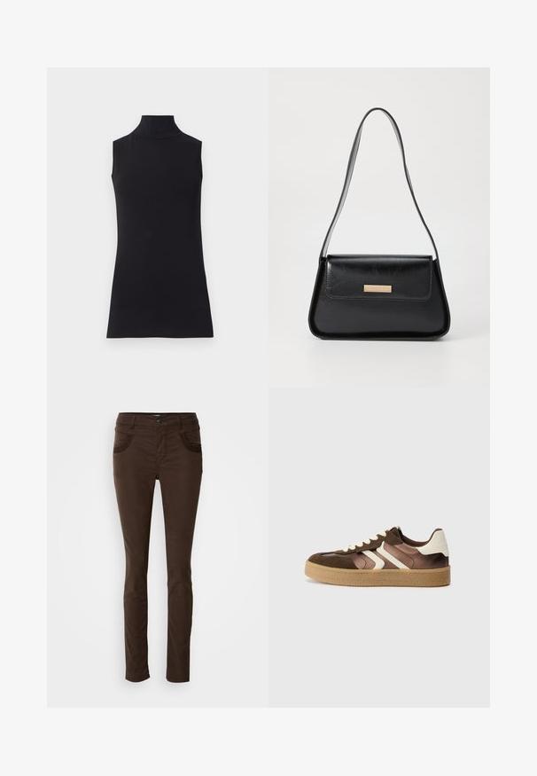Crna bezrukavna majica s visokim ovratnikom, izrađena od glatkog materijala. Prilagođeni dizajn s visokim ovratnikom i ravnim rubom, minimalistički i u jednobojnoj boji.; Smeđe slim-fit hlače izrađene od pamučne mješavine. Imaju prednje džepove s ukrasnim šavovima, zatvaranje na dugme i glatku teksturu.; Smešani smeđi i kremasti tenisice od kombinacije zamširane i satenske tkanine, s tri dijagonalne pruge i teksturiranom gumenom potplatom.; Crna kožna torba s oblikom ugla, s tankom trakicom i zlatnim detaljima, koja ima oznaku s logom na prednjem preklopu.; Zlatne okrugle naušnice s teksturiranim, nepravilnim oblikom. Imaju nevidljivo zatvaranje i polirani završni sloj, što naglašava moderan dizajn.