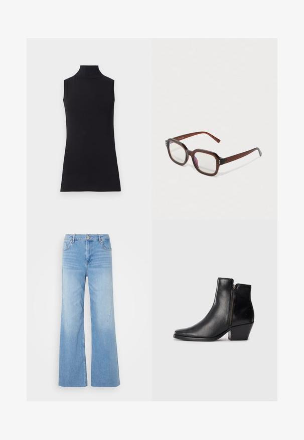 Crna bezrukavna majica s visokim ovratnikom, izrađena od glatkog materijala. Prilagođeni dizajn s visokim ovratnikom i ravnim rubom, minimalistički i u jednobojnoj boji.; Svijetloplave široke traperice izrađene od denima imaju prednje kopčanje na dugme, dizajn s pet džepova i suptilno izbljeđivanje za dodatnu teksturu.; Crna kožna čizma do gležnja s uskim vrhom, bočnim patentnim zatvaračem i debelim potplatom. Glatka tekstura i minimalistički dizajn.; Smeđe prozirne pravokutne naočale s prozirnim lećama, laganim ljubičastim odsjajem i malim zlatnim ukrasnim točkicama na prednjim kutovima.