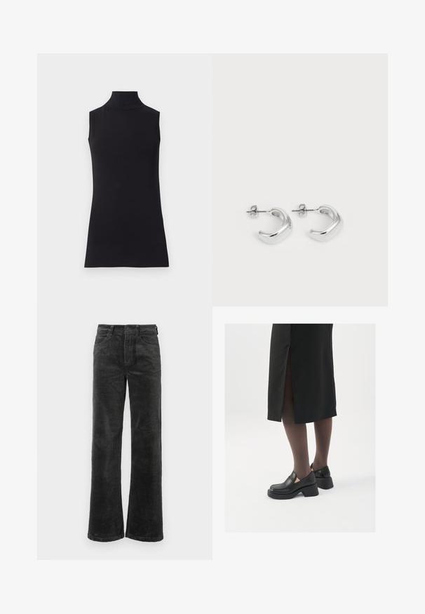Haut sans manches noir en col roulé, fabriqué à partir d'un tissu lisse. Design ajusté avec un col haut et un ourlet droit, minimaliste et de couleur unie.; Pantalons en velours côtelé noir avec jambes larges, dotés de poches avant et d'une fermeture à bouton, texture douce avec un motif en relief.; Chaussures noires en cuir avec un bout arrondi, un épais talon bloc et des accents latéraux élastiques, associées à des bas foncés et une jupe noire avec une fente.; Boucles d'oreilles en argent en forme de hoops avec une finition lisse et polie. Forme ronde avec un design légèrement courbé et des bords fondus. Fermeture à pin.