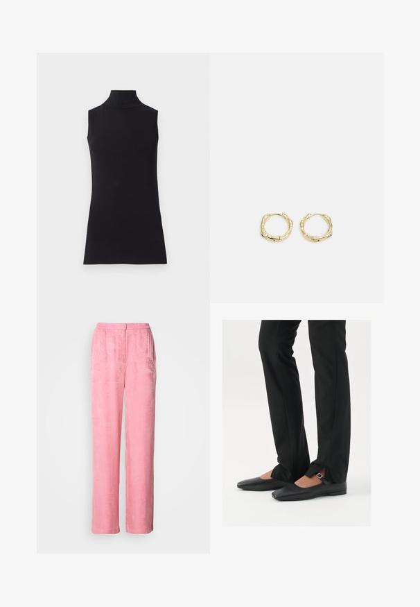 Melna bezpiedurkņu augstais kakls, izgatavots no gludas auduma. Pielāgotā forma ar augstu kaklu un taisnu apakšmalu, minimālistisks un vienkrāsains.; Rozā, plati bikses, izgatavotas no teksturēta auduma ar smalku lapu rakstu. Tām ir augsts jostasvīrs un krokas priekšā, nodrošinot brīvu piegulšanu.; Melni ādas baleta zābaki ar smailo purngalu, siksniņa ar sudraba sprādzi, kombinēti ar melniem tailētiem biksēm ar šķēluma apakšdaļu.; Zelta riņķveida auskari ar tekstūru un neregulāru formu. Iekļauj bezšuvju aizdari un pulētu virsmas apdari, uzsverot mūsdienīgu dizainu.