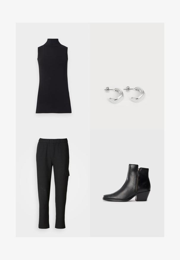 Melna bezpiedurkņu augstais kakls, izgatavots no gludas auduma. Pielāgotā forma ar augstu kaklu un taisnu apakšmalu, minimālistisks un vienkrāsains.; Melna svītrainā bikses ar elastīgu jostasvietu un taisniem galiem. Iespējama sānu kabata ar vāku, izgatavota no gludas auduma.; Melna ādas potītes zābaciņš ar smailu purngalu, sānu rāvējslēdzēju un masīlu papēdi. Gluda tekstūra un minimālistisks dizains.; Sudraba gredzena auskari ar gludu, pulētu apdari. Apaļa forma ar nedaudz izliekta dizaina un sajauktām malām. Ar tapu aizdari.