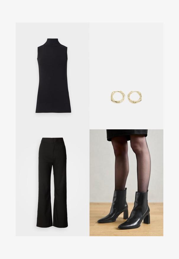 Haut sans manches noir en col roulé, fabriqué à partir d'un tissu lisse. Design ajusté avec un col haut et un ourlet droit, minimaliste et de couleur unie.; Pantalons noirs à jambes larges avec une texture lisse, taille haute et un design épuré. Pas de poches visibles ni d'embellissements.; Bottines en cuir noir avec un bout pointu, un talon carré épais et un design élégant. Présente des panneaux latéraux élastiques pour un enfilage facile.; Boucles d'oreilles en or en forme de cerceau avec une texture et une forme irrégulière. Présentent une fermeture sans couture et une finition polie, soulignant un design moderne.