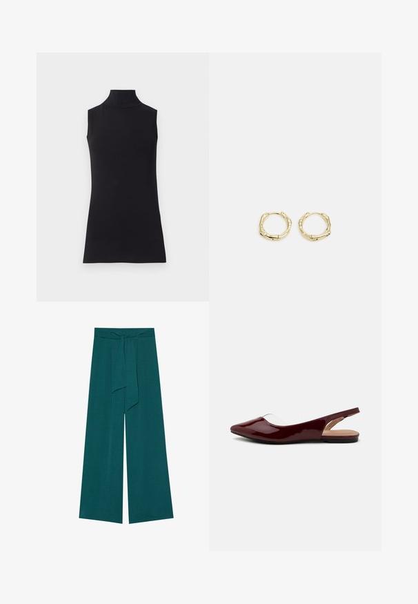 Top preto sem mangas, feito de um tecido liso. Design ajustado com um decote alto e uma bainha reta, minimalista e de cor sólida.; Calças largas em um tom de teal profundo com um acabamento texturizado, apresentando uma cintura atada para ajuste e uma silhueta fluida.; Sapatilhas slingback em verniz borgonha com bico fino, recorte transparente e sola preta plana. Textura suave, design minimalista.; Brincos de argola dourados com um formato irregular e texturizado. Apresentam um fecho sem emenda e um acabamento polido, destacando um design moderno.