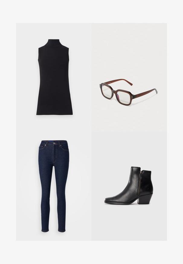 Fekete ujjatlan garbó, sima anyagból készült. Feszes fazon, magas nyakkal és egyenes szegéllyel, minimalista és egyszínű.; Sötétkék farmernadrág slim fit szabással, klasszikus derékpánttal, öt zsebes kialakítással és diszkrét varrási részletekkel.; Fekete bőr bokacsizma hegyes orral, oldalsó cipzárral és vastag sarokkal. Sima felület és minimalista dizájn.; Barna, áttetsző, téglalap alakú szemüveg, tiszta lencsékkel, enyhe lila tükröződéssel, és apró arany díszítő pöttyökkel az elülső sarkokban.
