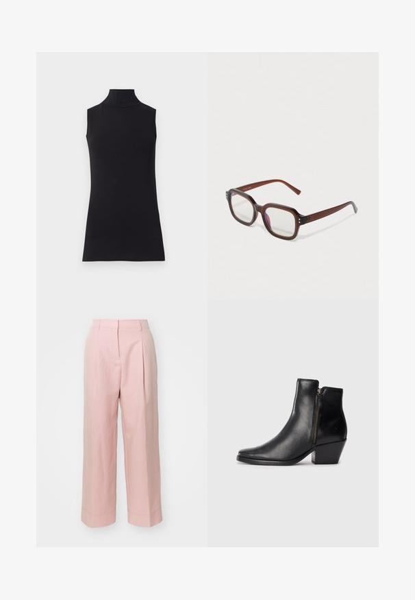 Top preto sem mangas, feito de um tecido liso. Design ajustado com um decote alto e uma bainha reta, minimalista e de cor sólida.; Calças largas de tom rosa claro com uma cintura alta, pregas frontais e detalhes de bainha cosidos. Feitas de um tecido liso e leve.; Bota de tornozelo em couro preto com bico fino, fecho lateral e um salto grosso. Textura suave e design minimalista.; Óculos retangulares translúcidos castanhos com lentes claras, leve reflexão púrpura e pequenos pontos decorativos dourados nos cantos frontais.; Brincos de argola dourados com um formato irregular e texturizado. Apresentam um fecho sem emenda e um acabamento polido, destacando um design moderno.