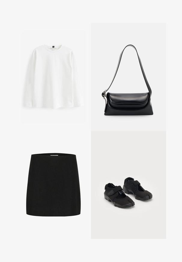 Weißes Langarm-T-Shirt aus Baumwolle. Bietet einen runden Halsausschnitt, normale Passform und ein minimalistisches Design ohne Muster oder sichtbare Hardware.; Schwarzer Minirock aus Textilgewebe, mit einem schlichten, geraden Schnitt und ohne sichtbare Verzierungen oder Muster.; Schwarze Wasserschuhe aus flexiblem Stoff mit einem Klettverschluss, ausgestattet mit einem einzigartigen Zehentrenndesign und einer strukturierten Gummisohle für besseren Halt.; Schwarze Lederhandtasche mit strukturiertem Design, glatter Textur und einem einzelnen Schulterriemen. Verfügt über ein dezentes, abgerundetes Klappendesign.