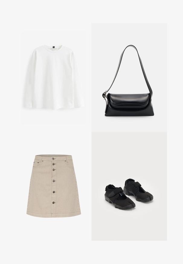 Witte T-shirt met lange mouwen, gemaakt van katoen. Heeft een ronde halslijn, een normale pasvorm en een minimalistisch ontwerp zonder patronen of zichtbare hardware.; Beige gestreepte denim rok met een uitlopende vorm, voorzien van een sluiting met knopen aan de voorkant, twee zijzakken en subtiele stikdetails.; Zwarte waterschoenen gemaakt van flexibel materiaal met een klittenbandsluiting, met een unieke gesplitste te ontwerpen en een rubberen zool met textuur voor grip.; Zwarte leren handtas met een gestructureerde vorm, een gladde textuur en een enkele schouderband. Heeft een subtiele, afgeronde klepontwerp.; Zilverkleurige Casio kwarts horloge met rechthoekige wijzerplaat, analoge en digitale displays, roestvrijstalen band en waterbestendige eigenschappen.