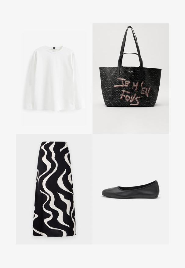 Weißes Langarm-T-Shirt aus Baumwolle. Bietet einen runden Halsausschnitt, normale Passform und ein minimalistisches Design ohne Muster oder sichtbare Hardware.; Schwarzer Rock mit weißen wellenförmigen Mustern. Aus leichtem Stoff gefertigt, hat er ein fließendes Design und einen geraden Schnitt. Ideal für den Alltag.; Schwarze Leder-Ballettschuhe mit abgerundeter Spitze, glatter Textur, minimalen Nähdetails und einem flexiblen Sohlen-Design.; Schwarze Tote-Bag aus strukturiertem Material mit Rautenmuster, Schulterriemen und auffälligem roten und weißen Text "JE M'EN FOUS."